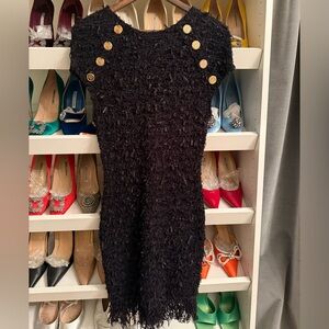 Balmain Black Textured Mini Dress with Gold Buttons